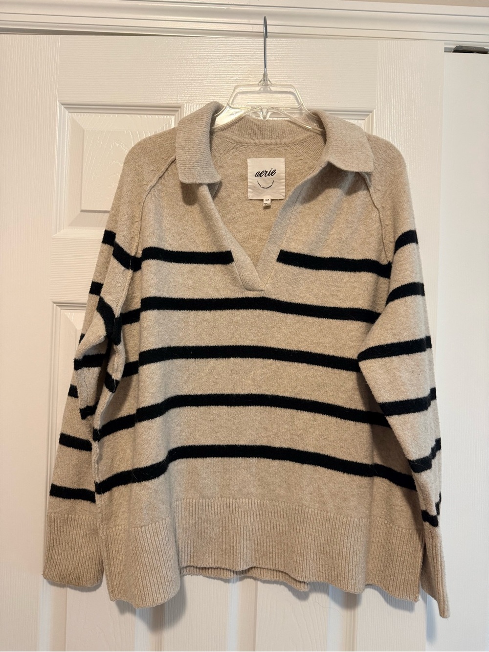 aerie Cream and Black Striped V-Neck Polo Sweater